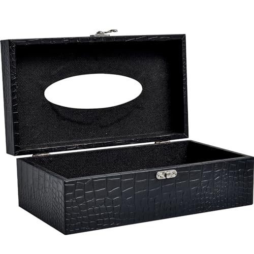 JUMBO DECOR Crocodile Leather Tissue Box Cover with Clasp – Modern Elegant Black Tissue Box Holder for Bathroom, Bedroom, and Living Room – Kleenex Box Covers in Rectangle Shape