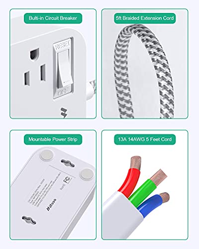 Dorm Room Essentials, Extension Cord 5FT, Power Strip with USB Ports, Flat Plug, Wall Mountable, Overload Protection, Home Office Supplies