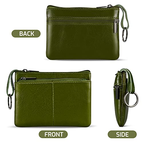 Genuine Leather Coin Purse Pouch Triple Zipper Card Holder Wallet with Key Ring,Black