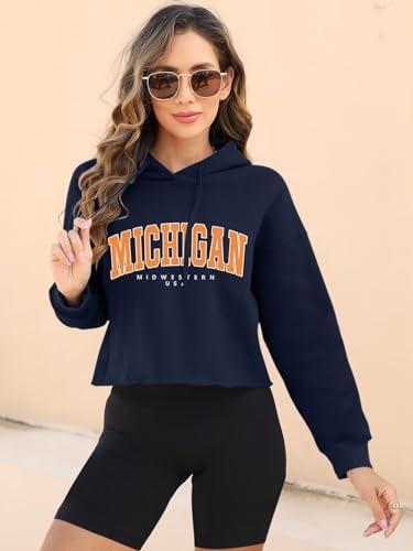 ORANDESIGNE Woman Letter Graphic Print Cropped Hoodie Long Sleeve Crop Fleece Casual Workout Loose Pullover Sweatshirt Tops LOS ANGELES Apricot Medium