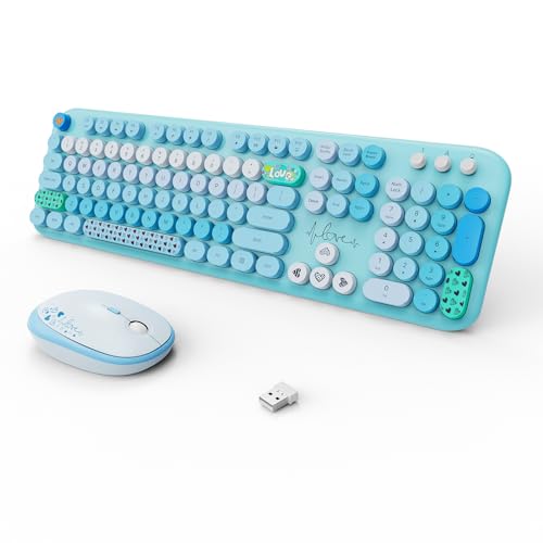 Wireless Keyboard Mouse Combo, MOFII 104 Round Keys Lovely Full-Size Cute Colorful Keyboard and Mouse with Retro Typewriter for PC/Mac/Laptop/Tablet/Computer/Windows Blue