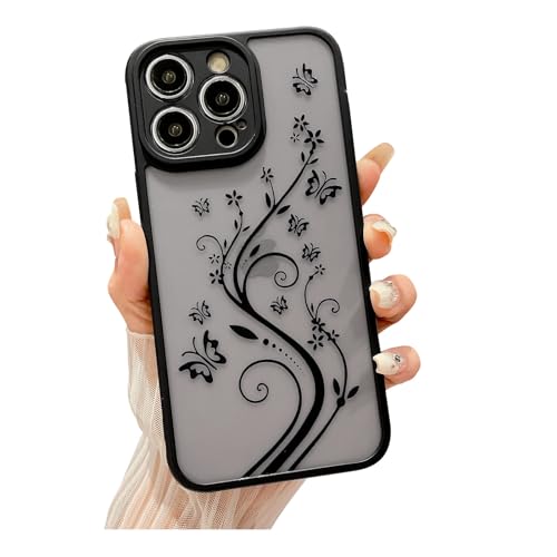 Weonmov for iPhone 12 Pro Case, Flowers Butterfly Slim Thin Hard PC Frosted Cover Soft TPU Bumper, Translucent Matte Shockproof Phone Case for Women Girls - Black (Floral Butterfly)