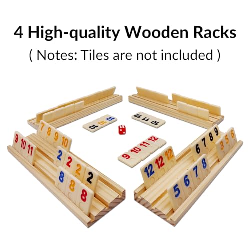 4 Wooden Rummy Trays/Racks Set for Rummikub Game, Rummy Cube Game Holders 4 Wooden Racks for Tiles Game Classic Board Game - Tiles NOT Included