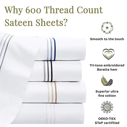 Aston & Arden Sateen Sheet Set - 100% Cotton 600 Thread Count Luxurious Hotel Silky Sheets, Pristine White with Fine Baratta Embroidered 3-Striped Hem, Wrinkle Resistant, Twin, Dove White