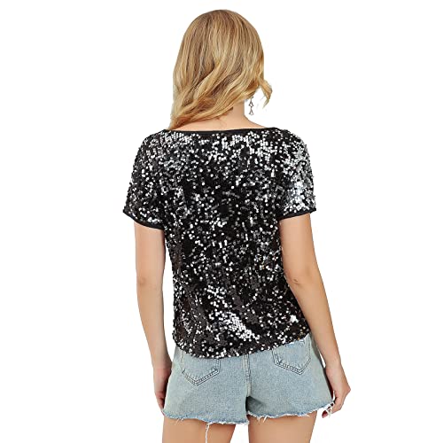 Womens Full Sequin Sparkle Tops Shimmer Glitter Round Neck Short Sleeve Shirt Summer Disco Party Tee Shirts Tunic Blouse Orange Medium