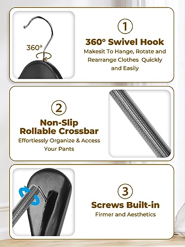 HOUSE DAY Wide Shoulder Wooden Hangers, Wood Suit Hangers with Non Slip Pant Holder, Heavy Duty Coat Hanger for Closet, Wooden Clothes Hanger for Suits, Coats, Jackets, Shirts (6 Pack, Black)