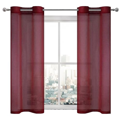 DWCN White Faux Linen Sheer Curtains - Grommet Voile Window Curtain Drapes for Bedroom Living Room 28 x 63 inch Length, Set of 2