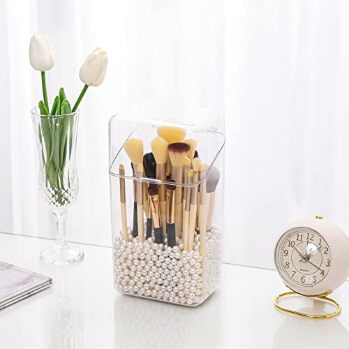 Yesesion Makeup Brush Holder with White Pearls, Clear Cosmetics Brushes Organizer with Lid, Large Capacity Storage Box for Vanity, Bathroom Counter, Dresser, Hair Accessories Organizer for Girls