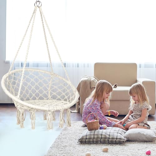 Mertonzo Hammock Swing Chair for 2-12 Years Old Kids,Handmade Knitted Macrame Hanging Swing Chair for Indoor,Bedroom,Yard,Garden- 230 Pound Capacity Off-White- 25.59" L x 18.11" W x 34.25" H