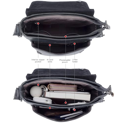 Masa Kawa Men's Black Leather Messenger Bag Retro Small Crossbody Shoulder Bag for Men Women Flap Over Man Purse Fits 10 Inch Tablet