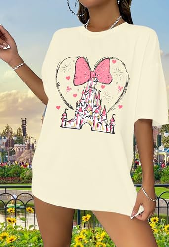 Magic Castle Oversize Shirt Women Magic Kingdom T Shirt Fairy Tale Graphic Tee Cartoon Kingdom Tops Holiday Vacation Shirts Apricot