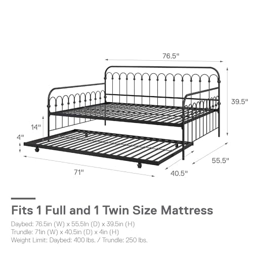 Novogratz Bright Pop Full Metal Daybed with Twin Trundle Bed, Black