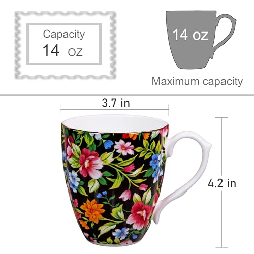 PMNING 14oz Floral Mug Porcelain Coffee Tea Cups - Novetly Floral Coffee Mugs Flower Coffee Mugs for Women Men - Christmas Birthday Gifts for Dad Mom Brother Friend(Black)