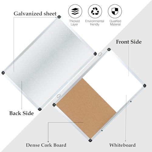 DumanAsen Combination Whiteboard & Cork Board Bulletin Board, 16 x 24 inches Magnetic Whiteboard and pin Boards for Wall, Includes Markers, Eraser, Pen Tray, 6 Pushpin (Combination A)