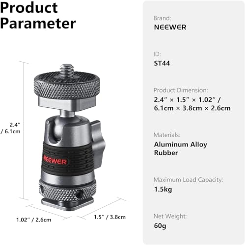 NEEWER Mini Ball Head with Removable Cold Shoe Mount and 1/4” Screw, Detachable Cold Shoe Base, 2 Way Installation Compatible with SmallRig Cage, DSLR Camera, Monitor, LED Video Light (2 Packs, ST44)