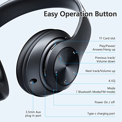 Tuitager 9S Wireless Over-Ear Bluetooth Headphones, 60 Hours Playtime, Hi-Fi Stereo, 6 EQ Modes, Built-in Microphone, Foldable Design, Blue