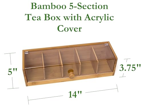 Lipper International 8187 Bamboo Wood and Acrylic Tea Box with 5 Sections, 14" x 5" x 3-3/4"