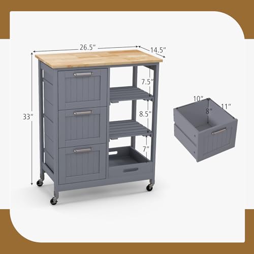 GOFLAME Kitchen Island Cart on Wheels with Storage, Versatile Rolling Cart with Wood Countertop, 3 Drawers, Removable Tray & Lockable Casters, Mobile Serving Trolley for Kitchen, Dining Room, Grey