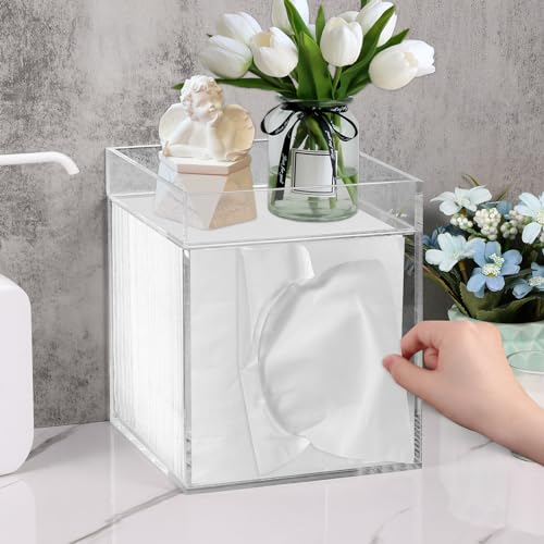 Tissue Box Cover, Bamboo Tissue Box Cover with Storage Tray Square Tissue Box Covers Holder for Bathroom, Bedroom, Dinner Table, Office, Tabletop 6" x 6" x 7.4"