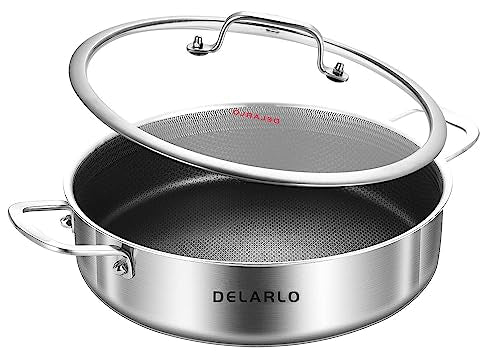 DELARLO Tri-Ply Stainless Steel 10 Inch Deep Frying Pan 3QT Saute Pan With Lid, Induction Compatible Chef Cooking Pan with lid, Dishwasher & Oven Safe