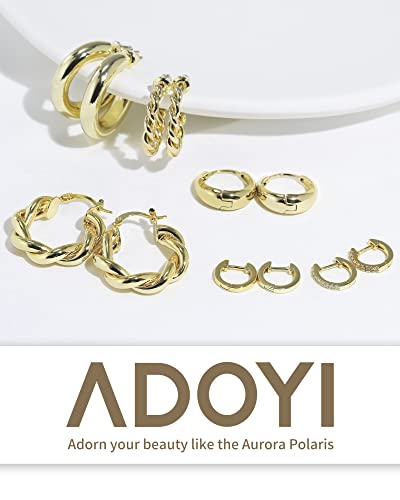 Adoyi Gold Hoop Earrings, 14K Gold Plated Lightweight Jewelry, Small Chunky Huggie Hoop Earrings Set for Women, 9 Pairs