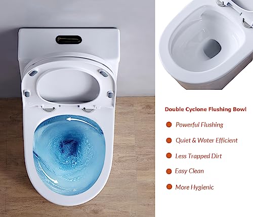 WinZo Small One Piece Toilet 23" Depth Modern Compact Short Design with Matte Black Button for Small Tiny Mini Bathroom 12" Rough-in,White (WZ5079WB)