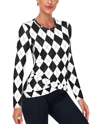 LURANEE Athletic Wear Women,Long Sleeve Workout Tops Cross Hem Quick Dry Athletic Running Yoga T-Shirts Black White Argyle S