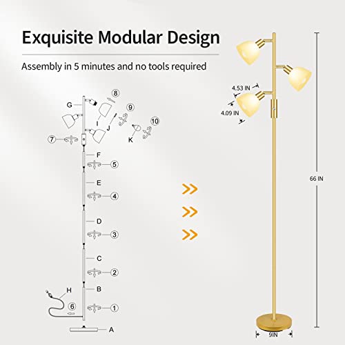 BoostArea Floor Lamp, Standing Lamp, Gold Torchiere Floor Lamp with 3 Adjustable Rotating Lights, 3 Way Switch, 3PCs E12 4W LED Bulb Included, Metal Pole Lamps for Living Room, Bedroom, Home, Office