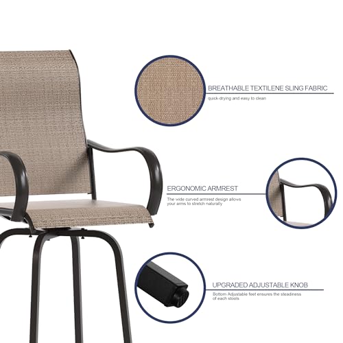 UDPATIO Outdoor Swivel Bar Stools Set of 2,Outdoor High Bistro Stools with Waterproof Textile Fabric,Armrest,Footrest,All Weather Bar Height Patio Chairs for Poolside, Garden, Backyard,Brown