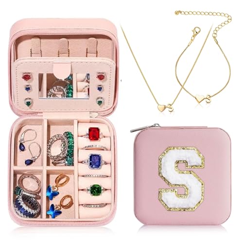 RLGPBON Small Travel Jewelry Case,Personalized Initial Jewelry Box with Initial Charm Bracelet and Necklace for Women,Teen Girls-Y