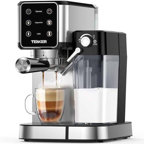 TENKER Espresso Machine 20 Bar, Cappuccino Machine with Automatic Milk Frother, Latte Machine in Stainless Steel Design, 1350W Touchscreen Coffee Maker for Home and Office (Silver)