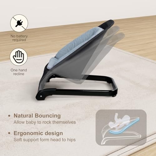 Kinder King Portable Baby Bouncer, Foldable Bouncer Seat w/Thickened Soft Cushion, 3-Point Harness, Lightweight Newborns Bouncy Seat, Black