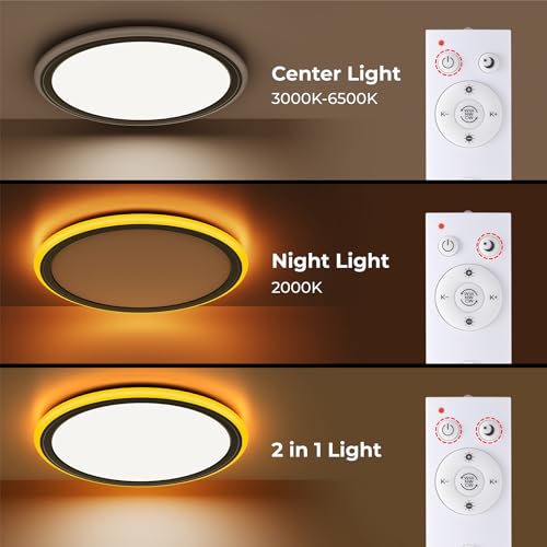 BLNAN 13in LED Flush Mount Ceiling Light Fixture with Remote Control, Dimmable Night Light 2000K, 3000K-6500K 24W Wired Low Profile Light for Bedroom, Kitchen, Living Room, Round Black