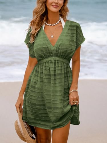 CUPSHE Women's Swimsuit Cover Up Dress V Neck Textured Striped Short Sleeve Casual Beach Summer Cover Ups Army Green,XS