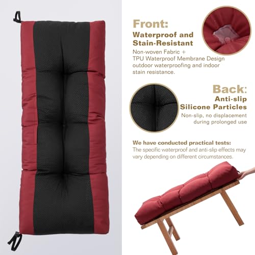 YIJIAN HOME Outdoor Bench Cushion, Blue Shredded Memory Foam, Waterproof Patio Furniture Cushion Fade Resistant Indoor Window Seat Pad 4.5inch Extra Thick with Adjustable Strap 36 x 14 Inch, Burgundy