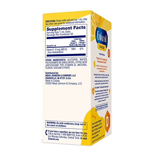 Enfamil Baby Vitamin D-Vi-Sol Liquid Supplement Drops for Infants, Supporting Strong Teeth & Bones in Newborn Babies, Easy-to-Use, Gluten-Free, 50 Day Supply, Dropper Bottle