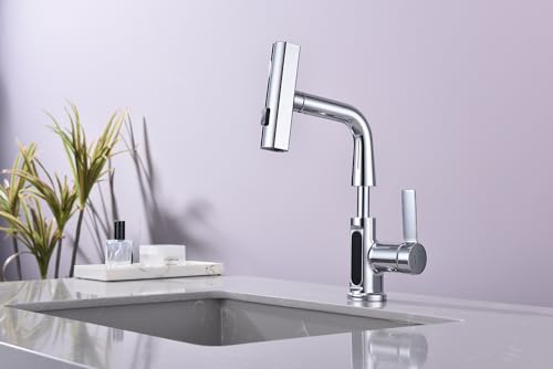 Pirooso Bathroom Faucet with LED Temperature Display, Liftable Bathroom Faucet with Pull Down Sprayer, Waterfall Rainfall Faucet for Bathroom Sink, Single Handle Faucet for Bathroom and Kitchen Chrome