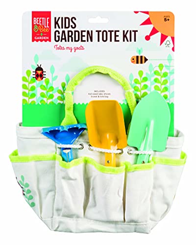 Beetle & Bee Kids Garden Tote Kit – Durable, Easy-to-Clean Gardening Tools Set - Includes Canvas Tote Bag, Hand Rake, Shovel & Trowel - Perfect Toddler Gardening Set