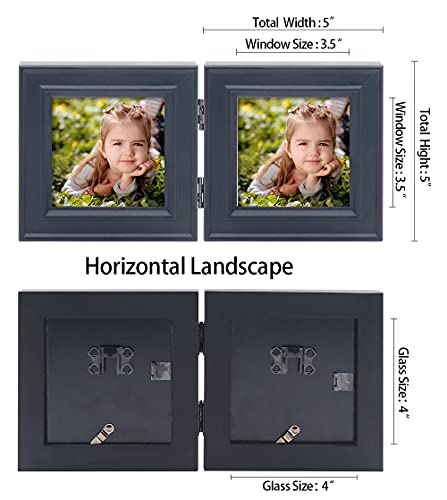 Double 4x4 Wood Photo Frame, Hinged Picture Frames, with Glass Front, Fit for Stands Vertically on Desk Table Top or Wall Hanging (Window 3.5 x 3.5 Picture, Black Color)