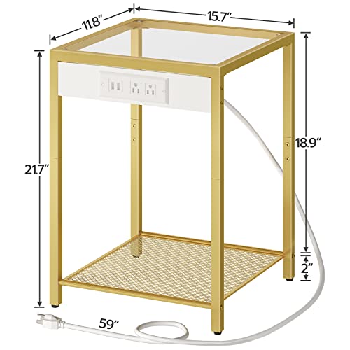 HOOBRO Side Table with Charging Station, End Table with USB Ports, Nightstand for Tight Spaces, Tempered Glass, Modern Metal Frame, for Office, Bedroom, Living Room, Study, Gold GD76UBZ01