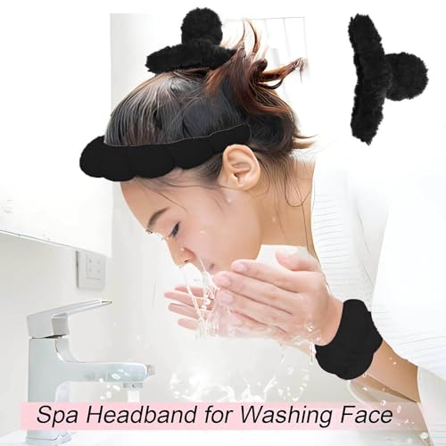Generic spa headband for women and girls. Bubble skin care headband, makeup hair band set with wristbands, and a fluffy hair claw for face cleaning. (Black)