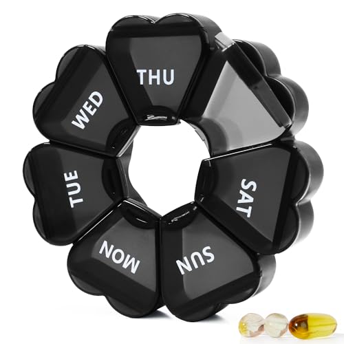 MOLN HYMY Large Pill Organizer 7 Day, Pretty Weekly Pill Box Case, Cute Girly Medicine Dispenser Container for Vitamin, Gummy, Medication, Supplement (Black)