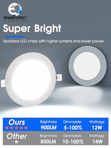 Energetic 6 Pack 6 Inch 5CCT Ultra-Thin LED Recessed Ceiling Light with Junction Box, 2700K/3000K/4000K/5000K/6500K Selectable, 12W 120W Eqv, 900LM, Dimmable Canless Wafer Downlight, IC Rated, ETL&FCC