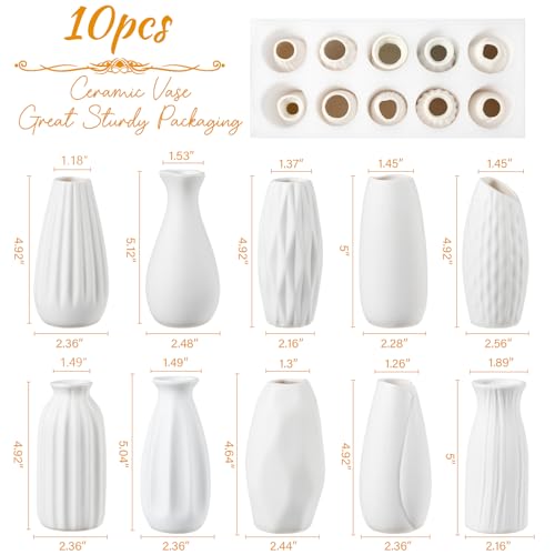 Small White Ceramic Vase Set of 10 - Mini Bud Vases for Flowers and Pampas Grass, Boho Centerpieces for Home and Party Decor, White Vases Home Decor, Ceramic Vase Set for Weddings