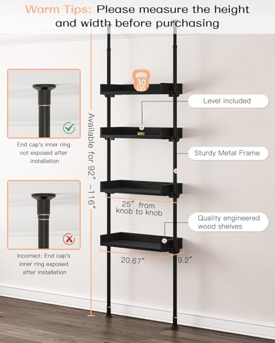 ALLZONE Adjustable Over The Toilet Storage Cabinet,Tension Mount Bathroom Organizers and Storage Over Toilet with 4 Adjustable Shelves,Over Toilet Bathroom Organizer Fit 92-116 Inch Tall,Black