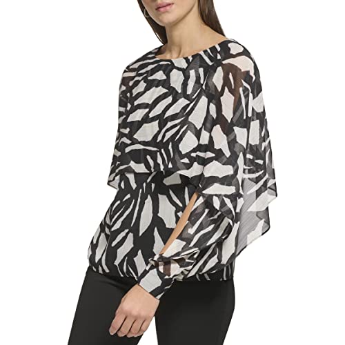 DKNY Women's Long Caped Sleeve Blouse, Black Multi, XS