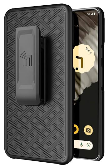 Case with Clip for Google Pixel 8, Nakedcellphone [Grid Texture] Slim Hard Shell Cover with Stand and [Rotating/Ratchet] Belt Hip Holster Holder Combo - Matte Black