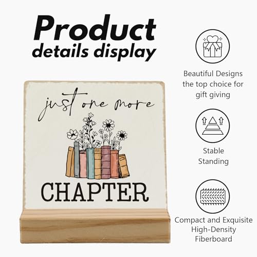 ANIANG Just One More Chapter Desk Decor, Book Lover Nerd Gifts, Bookwarm Bookish Bookshelf Decor Wood Plaque, Home Library Wooden Plaque Sign with Wood Stand for Office Bedroom Book Reader Kids