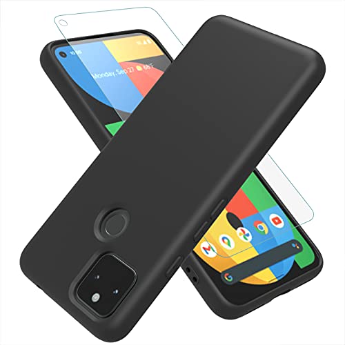 Weycolor for Google Pixel 5A 5G Case, with Tempered Glass Screen Protector [2 Pack] ，Liquid Silicone Slim Soft TPU Fit Drop Protection Phone Case for Google Pixel 5A (Black.)