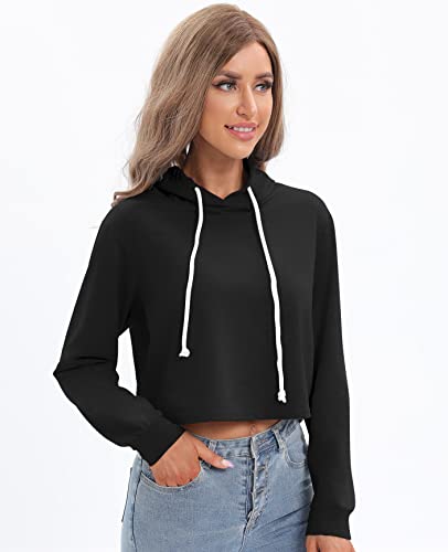 milanpavilion Women's Drawstring Cropped Hoodie Casual Plain Fashion Hoodies Workout Crop Tops Sweatshirt Long Sleeve Top Black